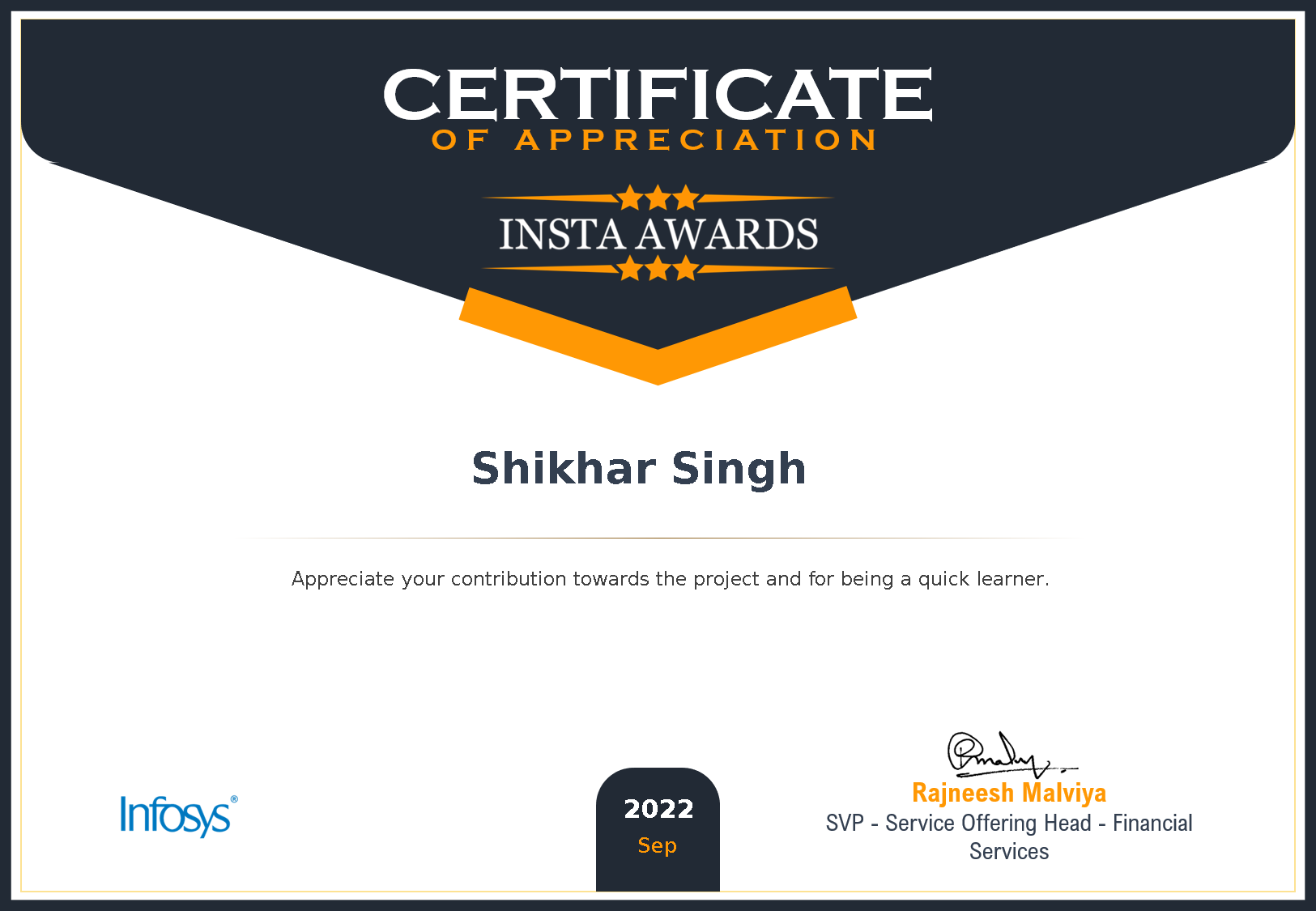 Rise Insta Award Certificate